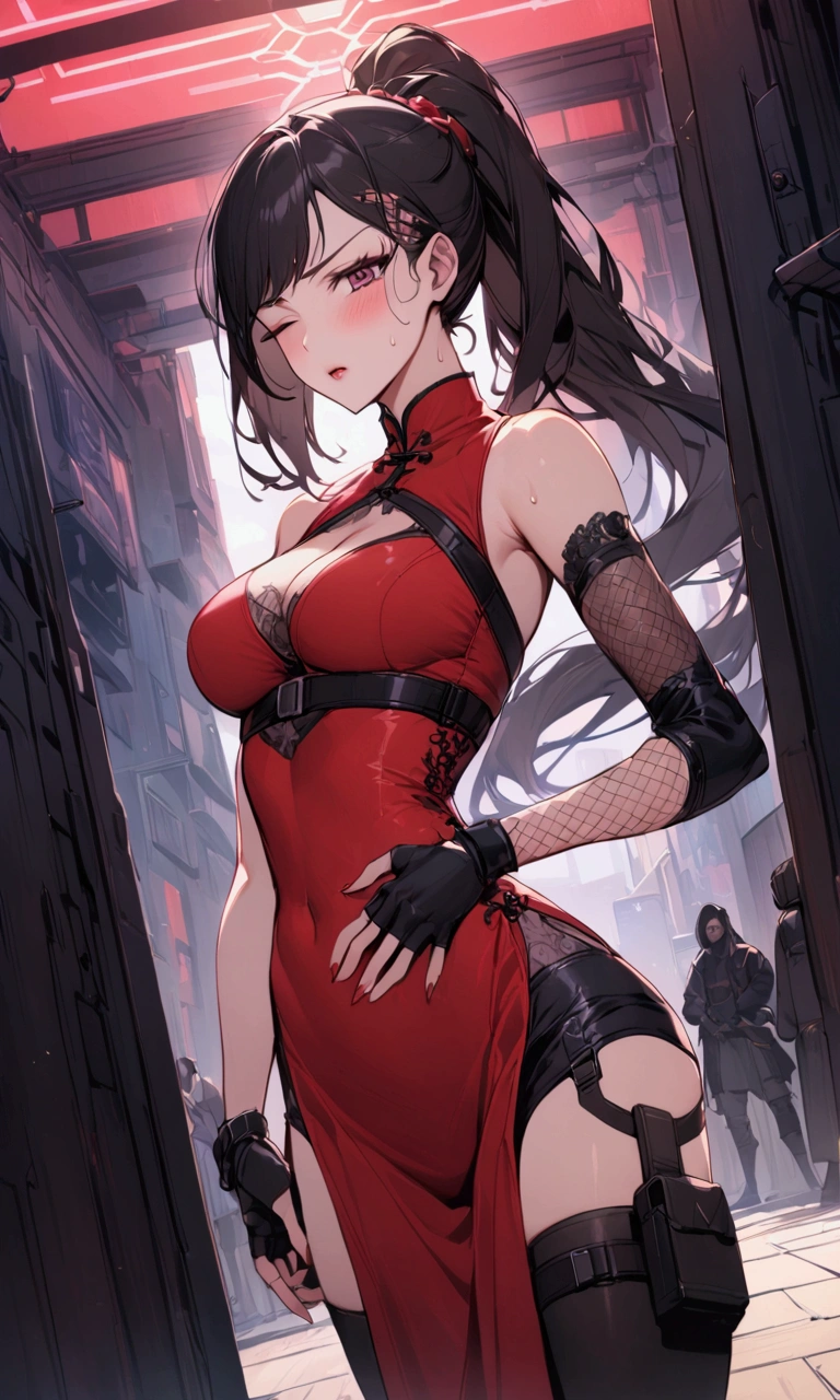 Dynamic composition,dutch angle,from side,{{masterpiece}}, {{{Highest quality}}},{{Very detailed}},{{Fight}},{{fighting stance:1.6}},{{critical situation:1.6}},{{hold down one's stomach with one's hands:1.6}},1girl,30years old,{Mature Woman}},cyberpunk,{{RED Chinese clothing:1.2}},Red sleeveless Chinese dress,pelvic curtain,black stockings,belt,black fingerless gloves,Lace arm covers,holster,{{Grit your teeth:1.4}},one eye closed, ,{{v-shaped eyebrows}},Bad mood,blush,Sweat,raise one's eyebrows ,{{View your viewers}}、Very long long hair in a ponytail.abdominal pain ,{{pain}},Inside the dojo,indoor