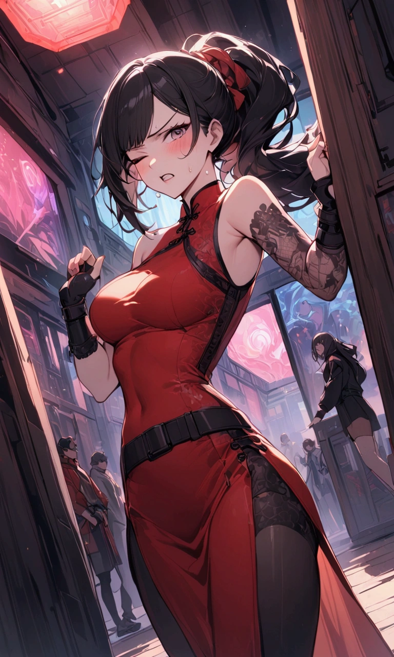 Dynamic composition,dutch angle,from side,{{masterpiece}}, {{{Highest quality}}},{{Very detailed}},{{Fight}},{{fighting stance:1.6}},{{critical situation:1.6}},{{hold down one's stomach with one's hands:1.6}},1girl,30years old,{Mature Woman}},cyberpunk,{{RED Chinese clothing:1.2}},Red sleeveless Chinese dress,pelvic curtain,black stockings,belt,black fingerless gloves,Lace arm covers,holster,{{Grit your teeth:1.4}},one eye closed, ,{{v-shaped eyebrows}},Bad mood,blush,Sweat,raise one's eyebrows ,{{View your viewers}}、Very long long hair in a ponytail.abdominal pain ,{{pain}},Inside the dojo,indoor