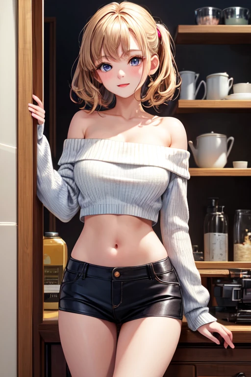 ((best quality)), ((masterpiece)), (detailed), 1 girl, Off-shoulder sweater, Open navel,