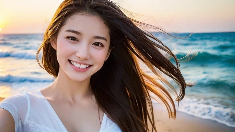 8k, (超Realistic), (Realistic), One personの美しい日本の女の子, whole body,,(((The best smile is released))), One person,(((whole bodyショット)))、 (((Have fun)))、No makeup masterpiece, 超High resolution, High resolution, One person, (((Her white short-sleeved T-shirt is wet and her white bra is visible)))、Large breasts Puberty, One personの少女, ((Perfect body)), ((Best image quality)), ((time)), ((Very delicate and beautiful)), ((Very shallow depth of field)), , (((Very delicate and beautiful))), (((Very shallow depth of field))), (((Perfect body))), (((Looking at the camera)))), (((Serious face))), (((Her hair is medium-long and brown.))), myself+The background is the sea, Dynamic Angle, Focus on women, {Particles of light}、 Detailed Background、((Shore Surf))、sunset、とても美しいsunset、Live Action、Genuine、Top Angle、Cute Smile、、18-year-old、((Wind))、((Movement))、((emotion))、((colorful))、(())、((Beautiful Teeth))、The background is the sea,Extra-large sunset