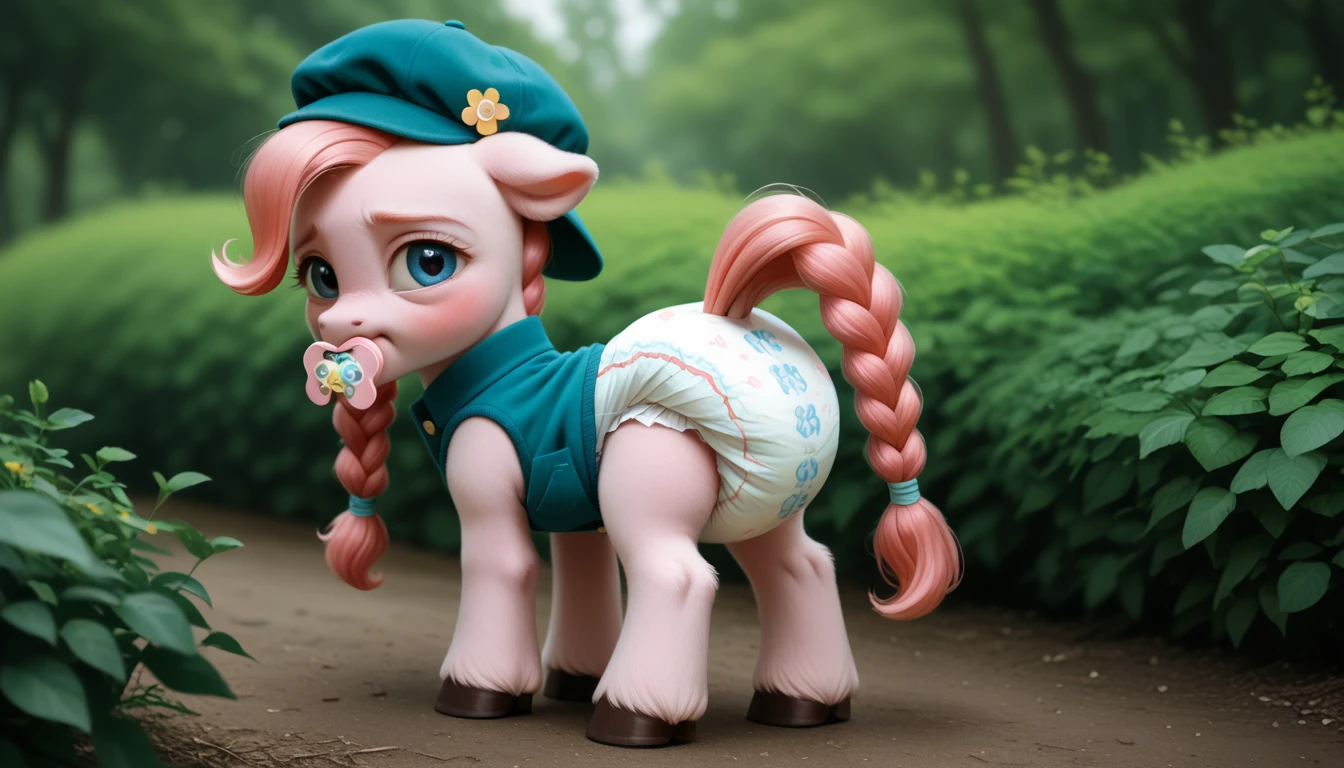 pony, light caramel unicorn, adult filly, plum eyes, lush mane braided, bushy tail, sitting outside, dressed in a vest and booties, pacifier in mouth, solo, thick diaper under clothes, bulge on the back of the diaper, between the hind hooves and on the front of the diaper, saggy diaper.