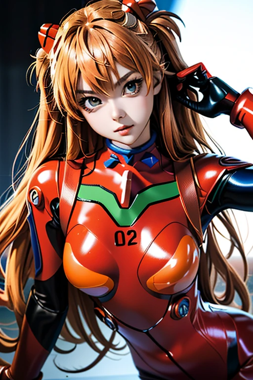 (masutepiece, Best Quality), 1girl in, Beautiful face, Asuka Cosplay Costume, Cosplay, plugsuit, body suit, Hair Ornament,