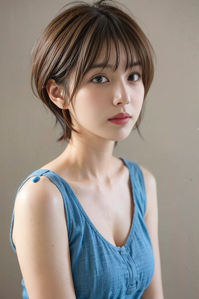 Woman in her early 30s、Dark brown hair、short hair、Simple Background
