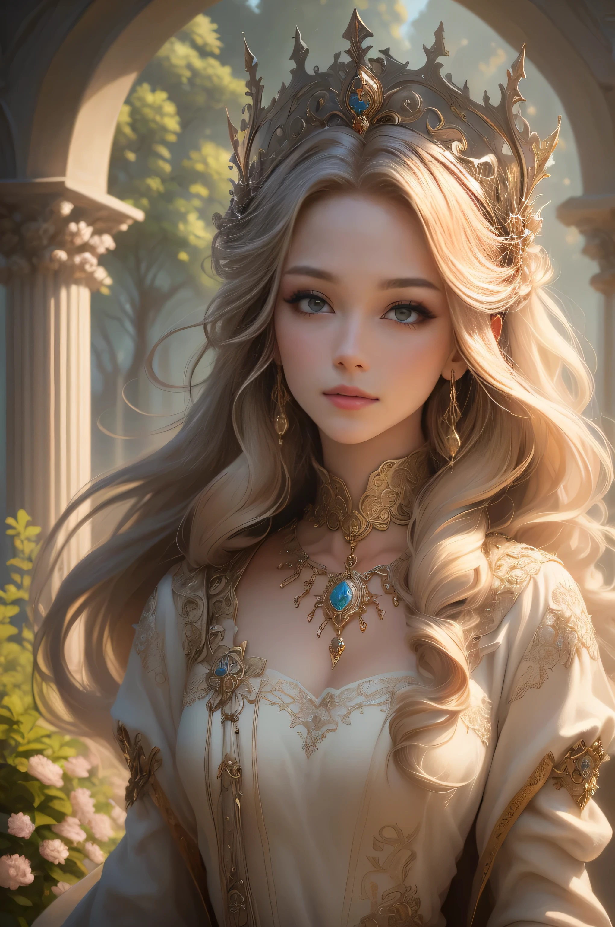 Blonde woman with long hair and jewelry in a garden, beautiful fantasy art portraits, Beautiful fantasy maiden, beautiful Fantasy Portrait, fantasy art portraits, Beautiful fantasy art, Beautiful maiden, Hmm、Carol in the back, ((Beautiful Fantasy Empress)), very Beautiful fantasy art, Fantasy art style, Fantasy Portrait, Beautiful Western Princess, Beautiful Fantasy Empress, Digital fantasy art )