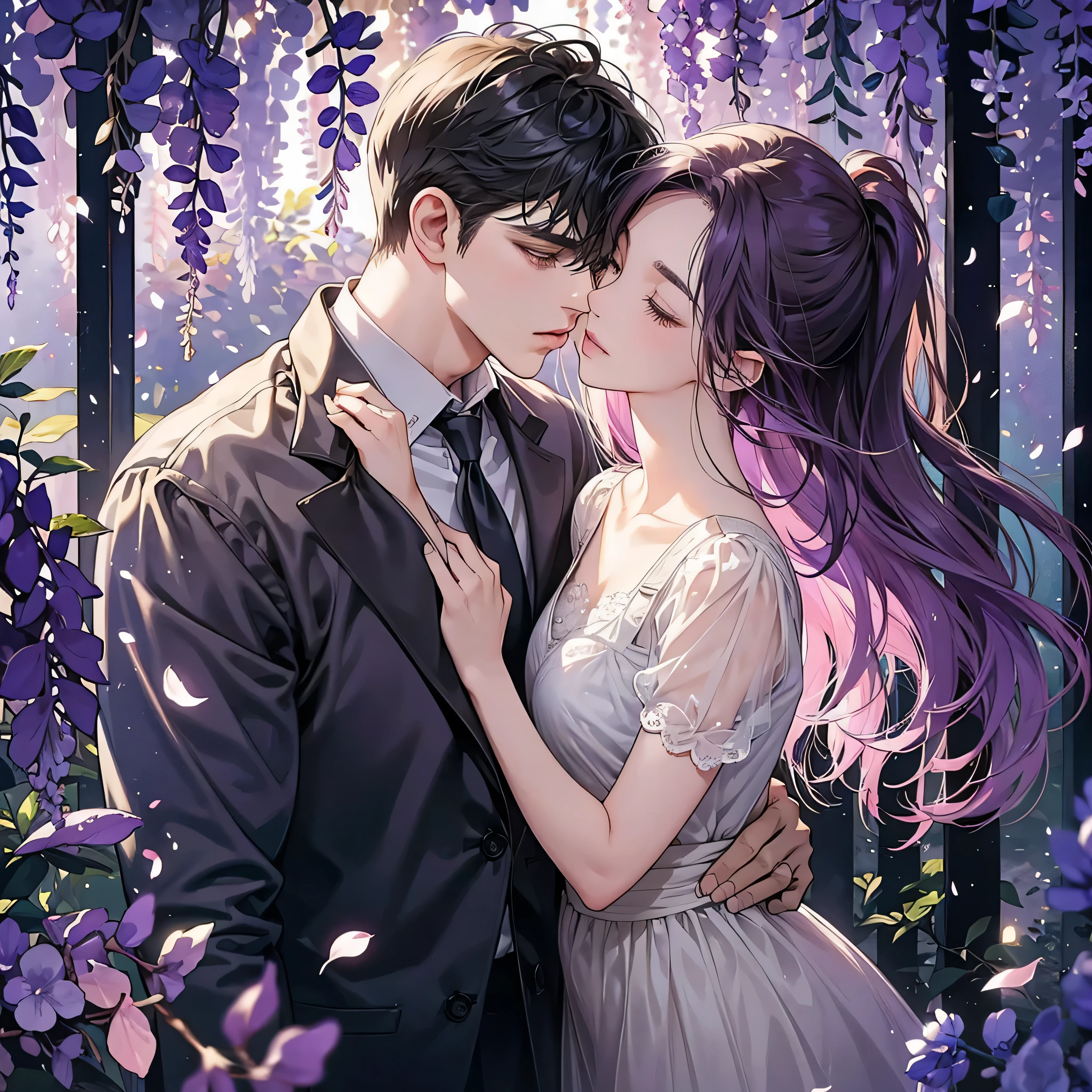 a man is kissing a woman in the wisteria forest, dark night, , (Beautifully Aesthetic:1.2),wisteria, peace, tranquility, serenity, petals