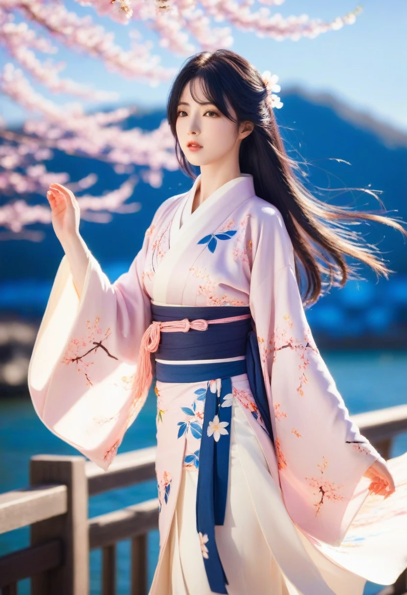 1 girl,black hair, flowing hair, Coast,sight,sight,Cherry Blossom, falling petals, sunlight,divine light,upper body, color,skirt,kimono