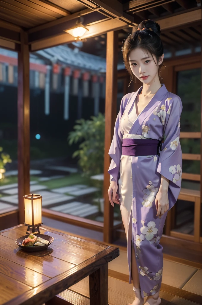 (((best quality))),(((ultra detailed))),(((masterpiece))),illustration,((1 beautiful Japannese girl,solo)),(neat bun:1.2),((slim,thin)),((small breasts,flat chest)),(in izakaya:1.3),(summer:1.2),(rainy:1.3),(indoor:1.2),(night scene:1.3),(wet:1.3),(collar:1.2),(purple floral kimono:1.3),porcelain skin,(slender legs:1.2),(geta:1.2),rouge,dimly lit,warm glow,ethereal,(standing beside the table:1.3),(arms behind back:1.5),sake bottle,half-empty glass,tray,grilled fish,steamed vegetables,half-eaten,melancholic smile,storm,solitude,enigmatic aura,tranquility,chaos,simplicity,mysterious,captivating,((from front,full body))