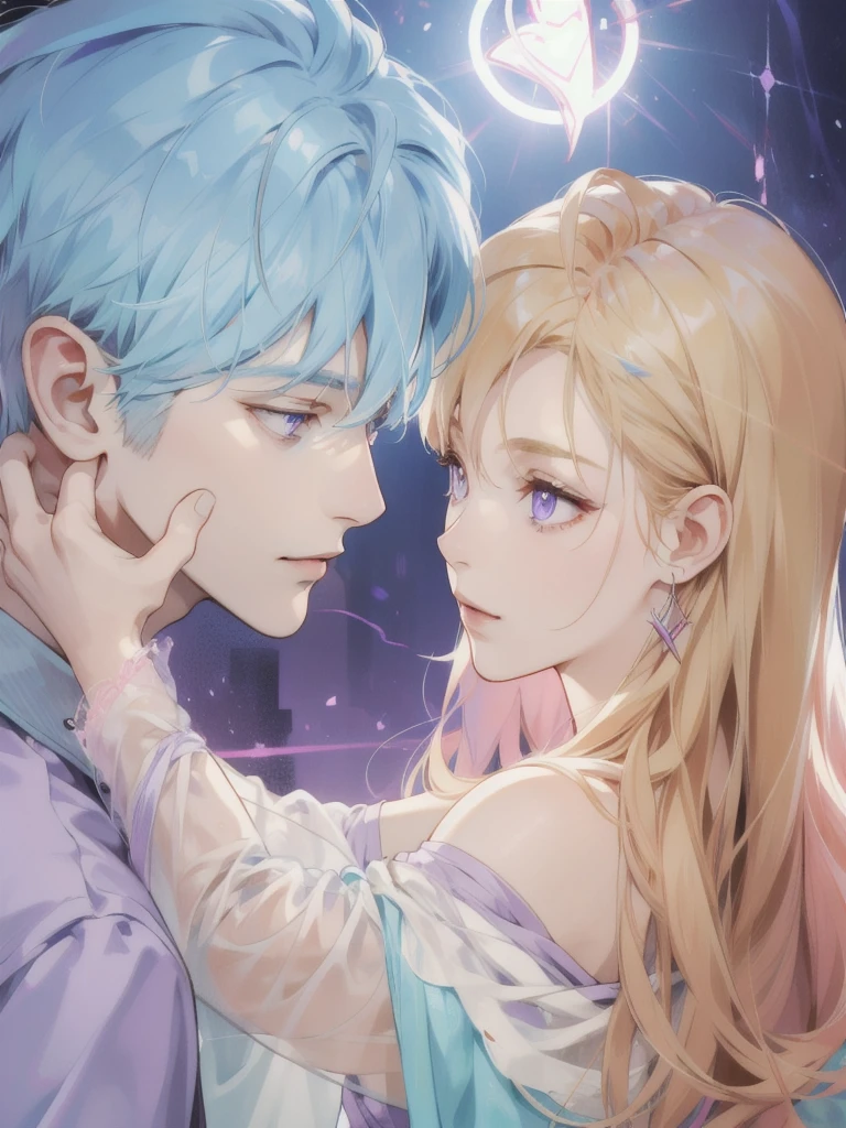 The man with light blue hair and purple eyes looked at the woman with long blonde hair and pink eyes who used magic to heal the man's wounds.undefined, undefined,