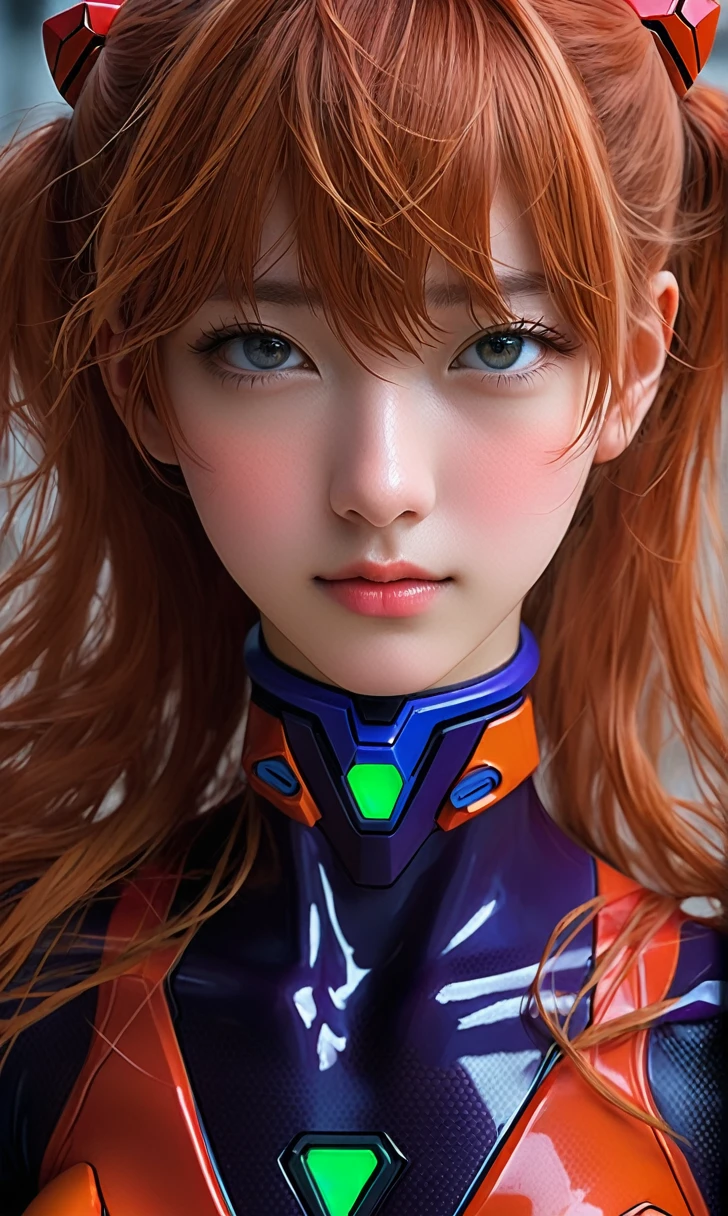 Full-body realism - A live-action 3D character of Asuka Langley Soryu wearing a plug suit, Attractive face, Cool expressions of Neon Genesis Evangelion,