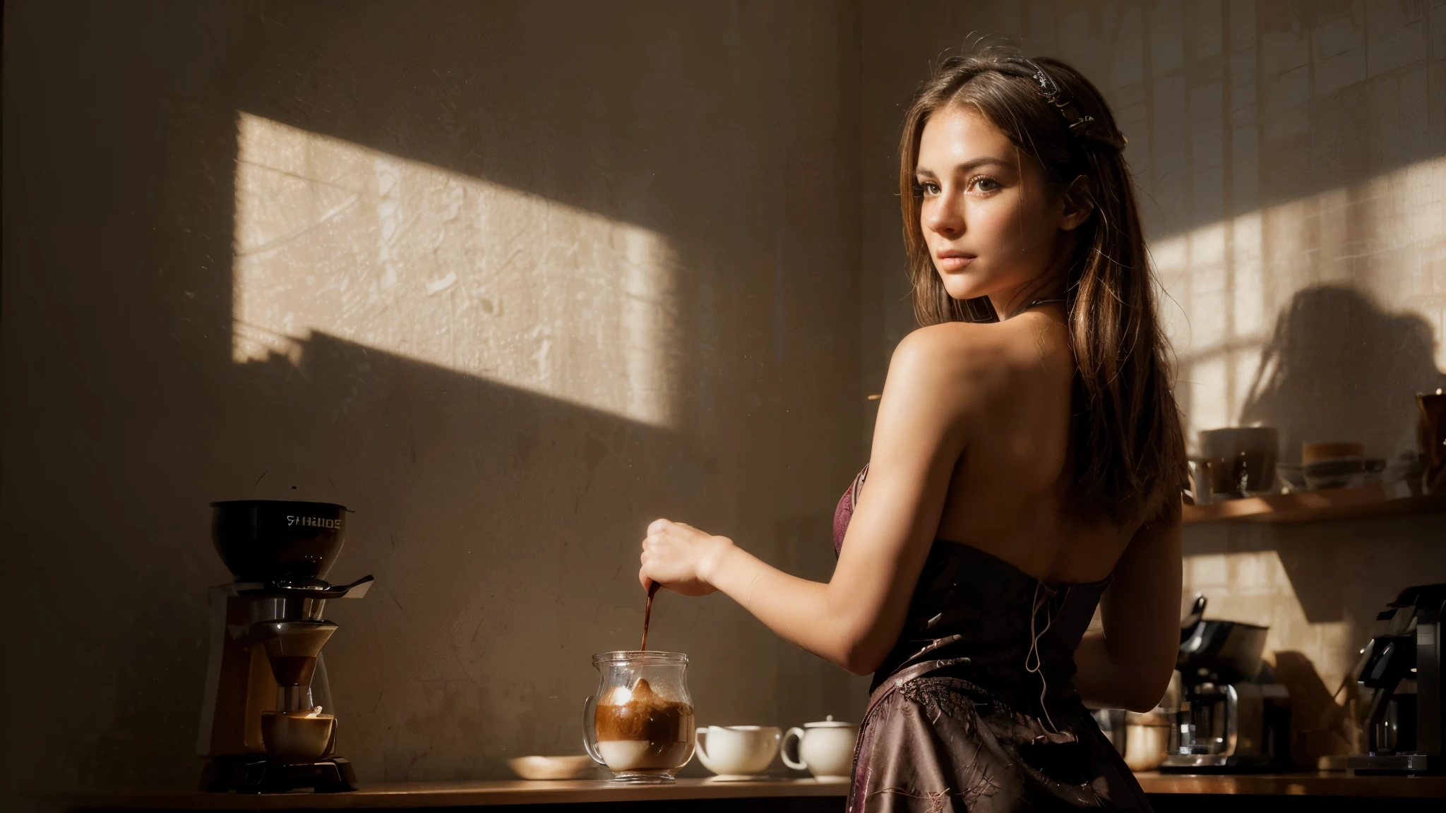 ((very sharp photo result, hyper realistic photo)) (((Best Quality))), (((masterpiece))), (((Ultra-detailed CG))),(((magical ))) backlight shade silhouette shoot of an barista woman (detailed face & body) (correct fingers structure) hold a jar of coffee, pour into cup