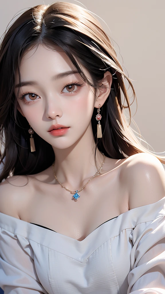 bare shoulder、8k、close-up of a face, close up,a close up of a woman with a necklace and a necklace, popular south korean makeup, popular korean makeup, ulzzang, young adorable korean face, korean girl, wan adorable korean face, jinyoung shin, south east asian with round face, asian features, beautiful young korean woman, yanjun chengt, beautiful south korean woman, beautiful aesthetic face, korean face features、Off-shoulder with beautiful collarbone