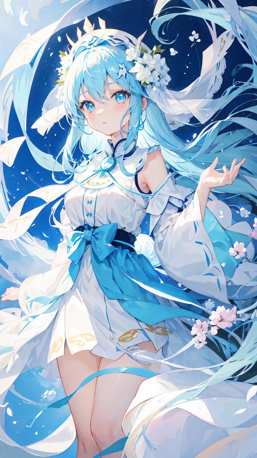 Anime Girl，light blue hair，White裙子，White，Flower headdress，Multi-expression