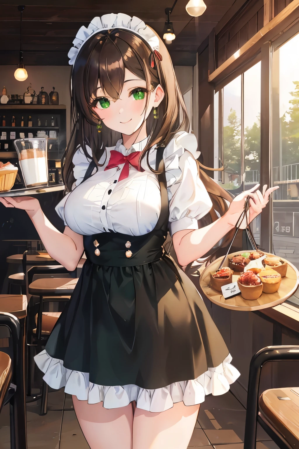 (masterpiece, highest quality, high resolution, super high resolution, pixel perfect, written boundary depth, 4K, RTTX 10.0, high resolution)), 1 girl, single, alone, beautiful anime girls, Beautiful art style, Anime characters, (shortcuts, bangs, dark brown hair)), ((Green Eyes: 1.4, Round eyes, Beautiful shadows, current eyes)), (Smooth texture: 0.75, Anime CG style)), Medium chest, (dynamic angle, close)), perfect body, (pretty girl), 1 girl, solo, baseball stadium setting with a lively atmosphere., In a cozy, stylish café with a warm and inviting atmosphere, a young girl dressed in a classic maid outfit is bustling around busily. She wears a traditional black dress with a white apron and a matching headband. The café interior features rustic wooden tables, comfortable seating, and a counter displaying delicious pastries and beverages. The girl is carrying a tray with coffee and desserts, smiling warmly as she serves customers. The café is filled with a pleasant mix of people enjoying their drinks, adding to the lively and charming ambiance.