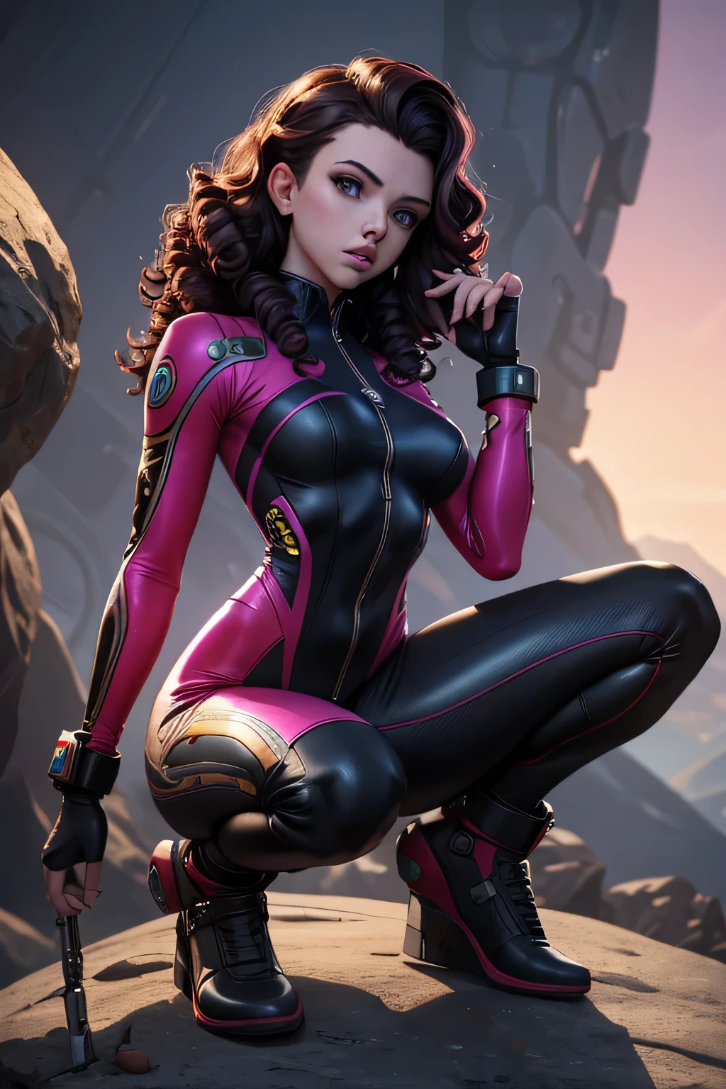 a young girl in a colorful catsuit with ornaments and accessories squatting on a rock, science fiction, tattoo, long black curls, beautiful detailed face, a futuristic weapon in her hand, sexy pose, tight clothes, cameltoe, on a dry planet, spaceship in backround, scarlett johansson