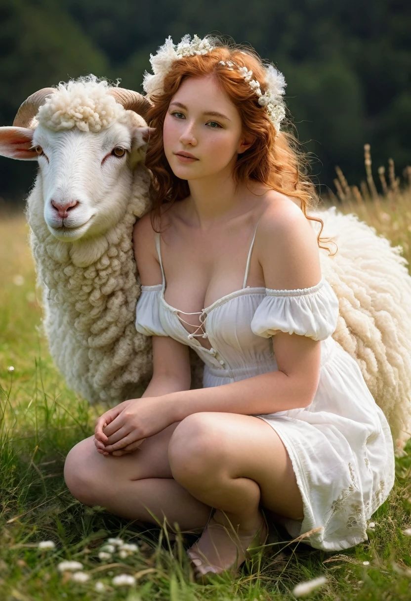 In the heart of a tranquil meadow, a cherubic sheep girl sits, her soft fluffy white clothes flowing gently in the breeze, Her delicate hands are clasped together in front of her, as she gazes off into the distance with an innocent expression. Upon her head sits a pair of antlers, the curvaceous curves of a young sheep's, adorned with fluffy white fur. Her medium-sized breasts are bare, with the enticing cleavage on display, adding a hint of maturity to her youthful appearance. Her bare shoulders are also exposed, the sun's warm rays illuminating the delicate freckles scattered across her arms, Her eyes are detailed and sparkling