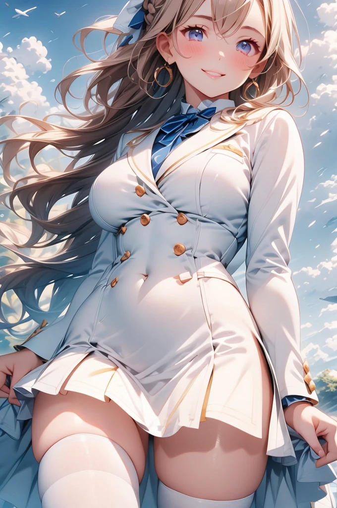 Close-up of a beautiful girl in a , a short skirt and a blazer, walking to school, blue sky with white clouds, brown hair, bangs, swept bangs, french braid, long hair, ponytail, wavy hair, expressive hair, shiny hair, hair ribbon, hair flower, dilated pupils, aqua eyes, glowing eyes, pupils sparkling, long eyelashes, earrings, light smile, glossy lips, blush, big rounds breasts, white puffy miniskirt, blue blazer, white thigh-high stockings, walking, upskirt, skirt lift, panties, looking down at viewer, high detail, anime, glowing light, dithering, image fill, from below, panorama, perspective, Wide-Angle, f/2.8, pov, 85mm, Sony FE, 8k, super detail, UHD, retina, masterpiece, illustration, accurate, anatomically correct, textured skin, highres, best quality, game cg, 16k
