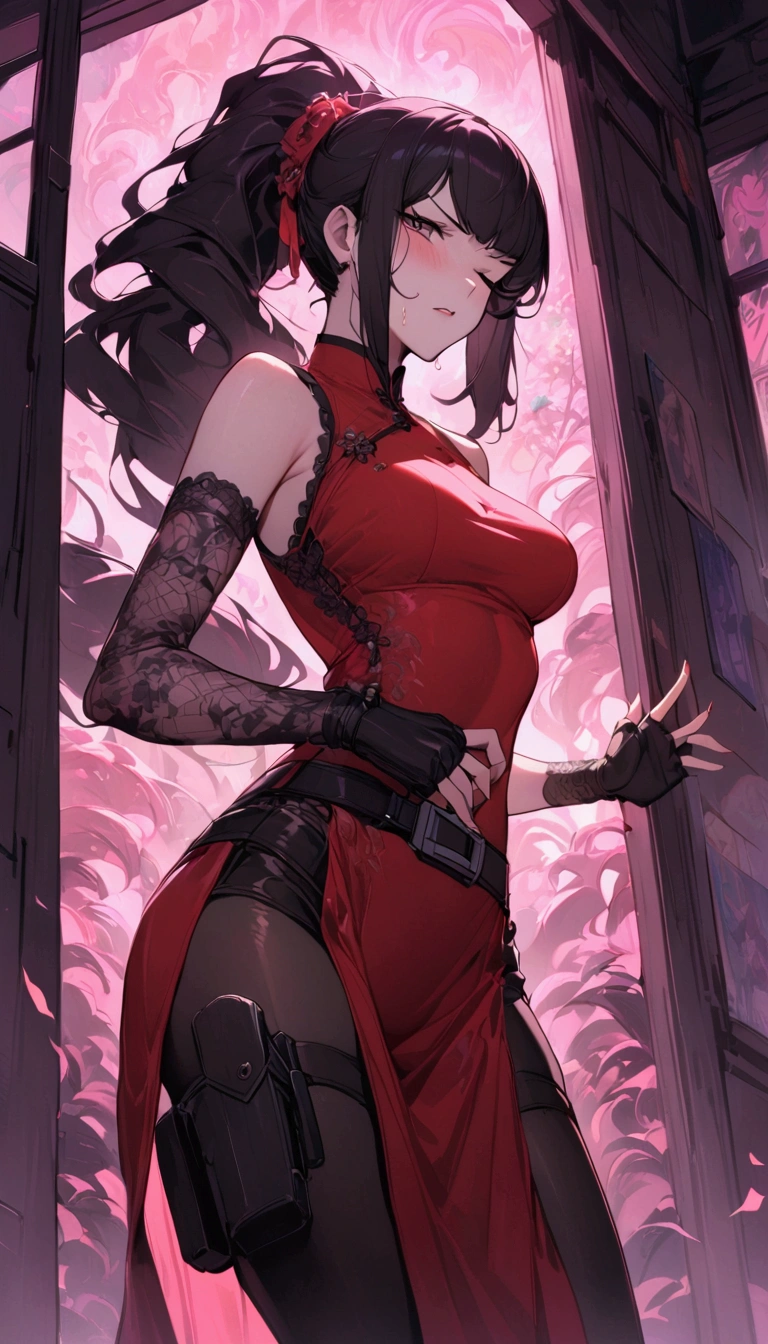 NSFW,((masterpiece,Perfect Anatomy,Highest quality、超High resolution、High resolution、Highly detailed CG、8K Unit Wallpaper)),Cowboy Shot,Portraiture,1 Female,alone,20 year old beauty,Japanese,((Beautiful fine details)),Brown eyes,shy,(((Sheer Chinese dress))))、((Sleeveless,Deep slit)),Clothes are see-through and you can see her pussy,Nipples are visible through the, pantie less