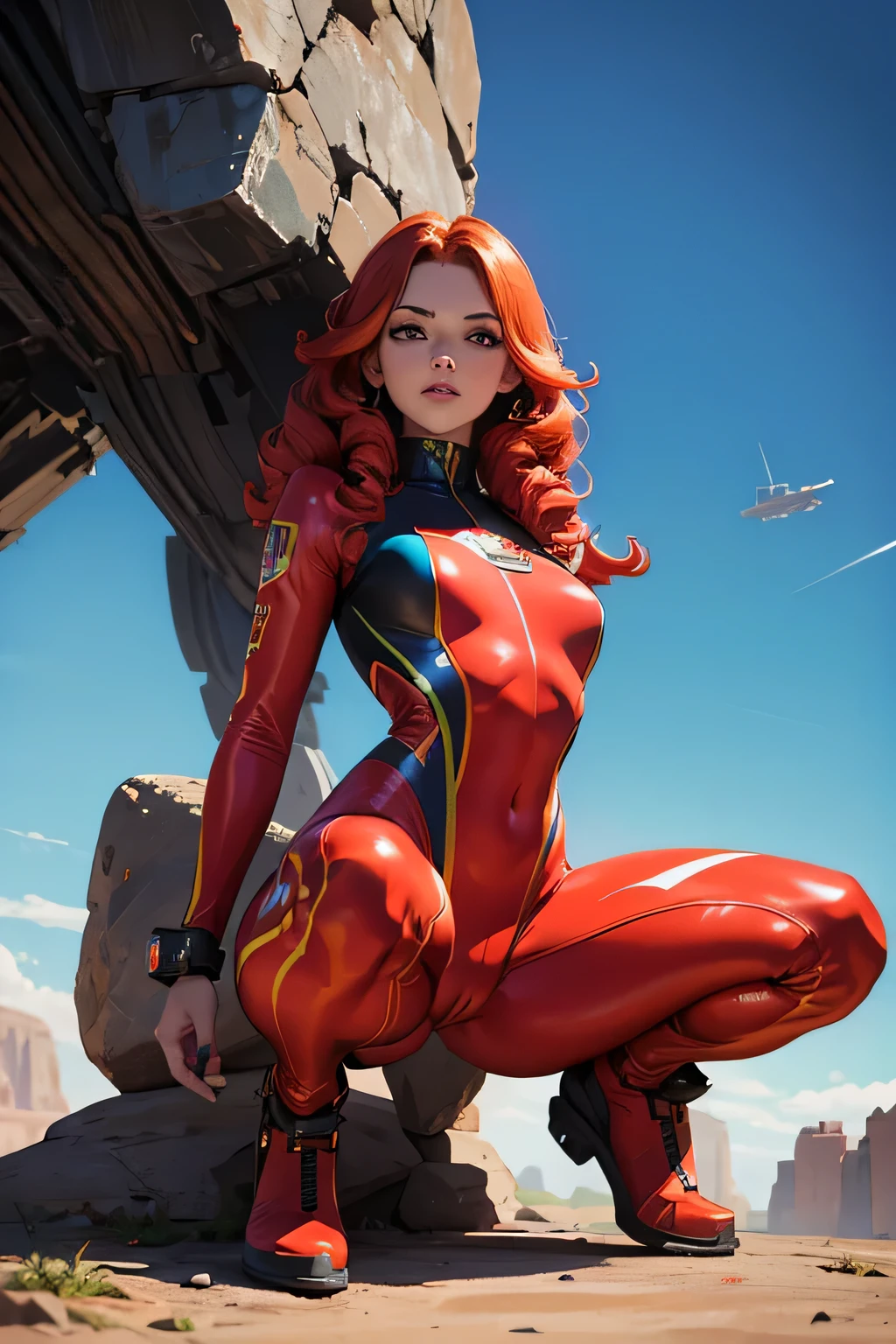 a young girl in a colorful catsuit with ornaments and accessories squatting on a rock, science fiction, tattoo, long red curls, beautiful detailed face, a futuristic weapon in her hand, sexy pose, tight clothes, cameltoe, on a dry planet, spaceship in backround