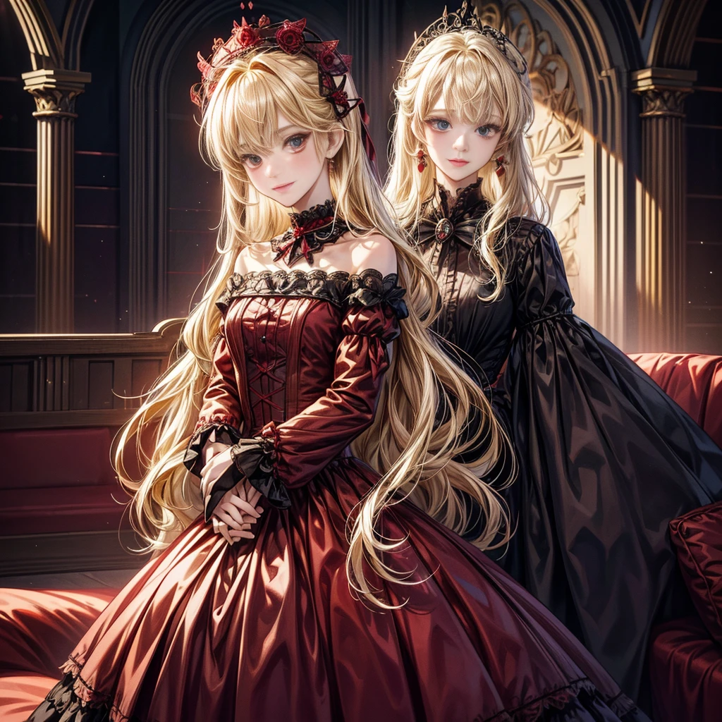 prompt: 8k resolution, Delicate features, , single, Unique Students, A shy smile, blonde, Princess Cut, Ribbon hair ornament, brooch, Shiny dark red dress, Lolita Style, Gothic style, Hands clasped, Facing the audience, Otaku Room, Female demon