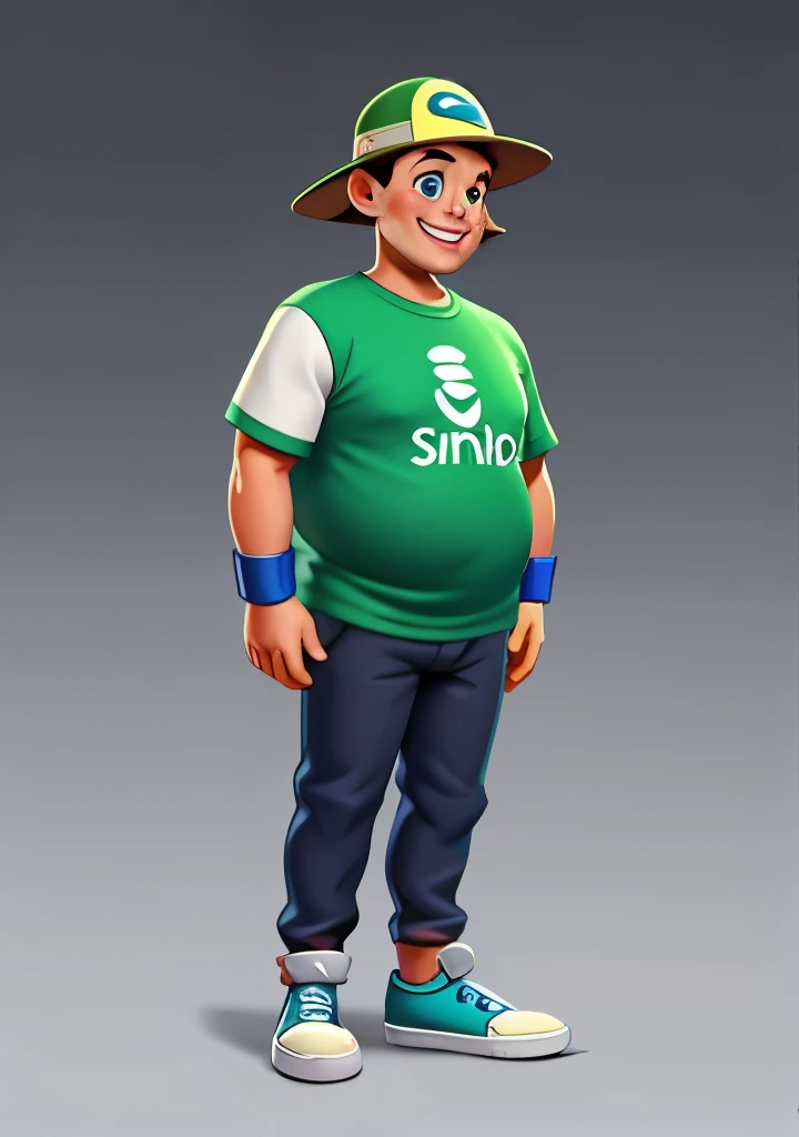 European and American cartoons, game characters, original designs, 1boy, male focus, hat, shirt, brown hair, smile, shoes, full body, wristband, open mouth, green shirt, pants, looking at viewer, standing, blue eyes, gradient background, grey background, , sneakers, gradient, t-shirt, male , baseball cap, short sleeves, simple background, fat,(MAYO on t-shirt), teeth, realistic