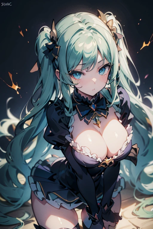 (dynamic angle:1.3, front view:1.1, breast focus:1.3, from above:1.1), (((Masterpiece))),(((Super Detail))),(((in 8K))),(((best composition))),(((Rim lighting,Fireglow effect,deep shadow))),solo),Beautiful fingers,Detailed finger features,(Detailed hair features:1.7),(Dynamic and sexy bending pose:1.3),detailed facial features,detailed clothes features, (perky chest:1.1), (pointed chest:1.3), delicate beautiful face, Bright blue eyes, cute eyes, sparkling eyes, Big eyes, beautiful detailed eyes,(masterpiece), (best quality), detailed, 1 girl, soro, twintails, long wavy hair twintails.hairs between eyes,dark green eyes ,dark green hair, (magical girl:1.2), bow, dress, (pink:0.6), over legwear, boots, too many frills, too many bow, standing,striped panties.magical stick, mechanical stick, magic cercle, flying,