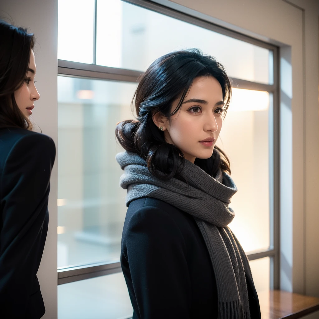 there is a woman wearing a scarf and a black jacket, faridah malik, in office, serena malyon, professional picture, h. kyoht luterman, instagram picture, picture, profile photo, customer, protrait, full protrait, serious business, foto, eliran kantor, ayamin kojima, front profile!!!!, potrait