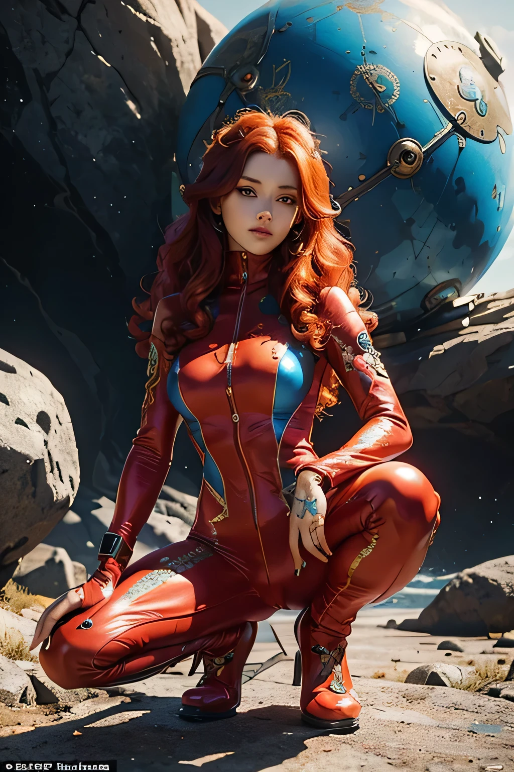 a young girl in a colorful catsuit with ornaments and accessories squatting on a rock, science fiction, tattoo, long red curls, beautiful detailed face, a futuristic weapon in her hand, sexy pose, tight clothes, cameltoe, on a dry planet, spaceship in backround