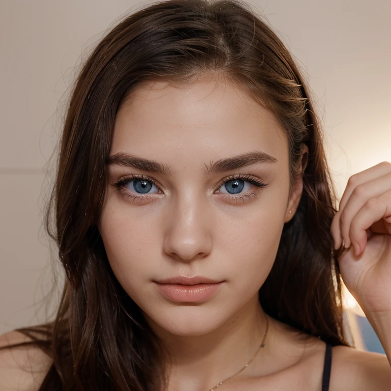 young 22 years old european woman, blue eyes, thin almond eyes, heart faceshape, invitive gaze, full lips, little nose, curved round eyebrows shape