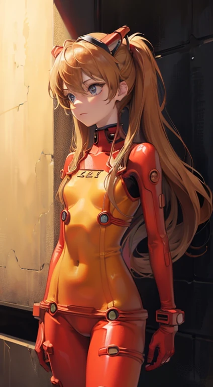 ((masterpiece,best quality, detailed)), against wall, souryuu asuka langley, test plugsuit, headgear