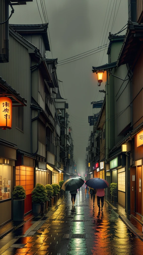 Night scene of the street in the rain,There are tables and umbrellas, Heavy rain in Tokyo at night, Rainy night, Rainy Night, Quiet Tokyo alley at night, Rainy night city street, Japanese Street, Rain at night, Rainy Night的城市, Japanese city at night, Rainy atmosphere, Rainy night city, rainy atmosphere
