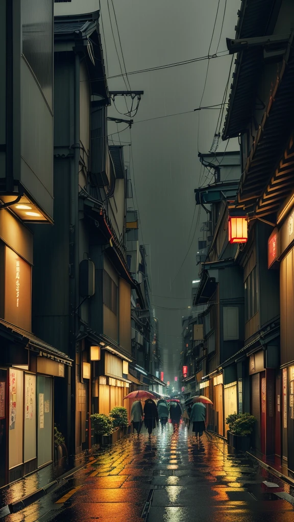 Night scene of the street in the rain,There are tables and umbrellas, Heavy rain in Tokyo at night, Rainy night, Rainy Night, Quiet Tokyo alley at night, Rainy night city street, Japanese Street, Rain at night, Rainy Night的城市, Japanese city at night, Rainy atmosphere, Rainy night city, rainy atmosphere