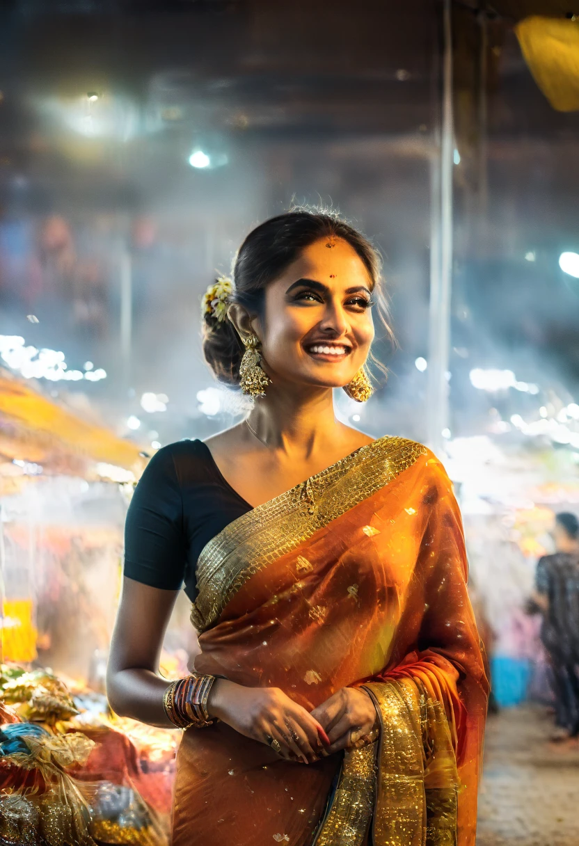 Bollywood indian female fashion mode,brown skin,dressed Sari,Happy expression on face,at the night market,backlight, extremely realistic, 8k, insane details, intricate details, cinematic color graded,Color Grading, Editorial Photography, Photography,sharp focus, taken with a 60mm lens, ISO 300, f/4, 1/200th