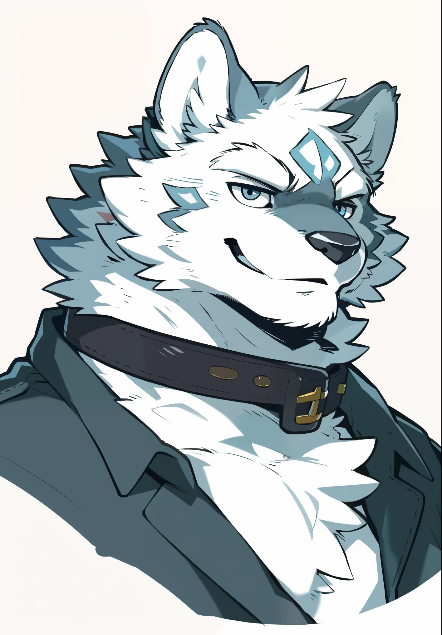 Cowboy shooting, Snow Wolf, (All white fur:1.5), Solitary, Perfect sky blue eyes, collar, Wearing a white suit, (artist:Takemoto Arashi), Profile, Mature face,  Simple background, Handsome, Flash, Long eyelashes, Naughty face, (Profile回头:1.5), sharp detailed face, Charming smile, from the side, Tonality, Standing picture, best quality, Ultra HD, Super Detail, High Detail