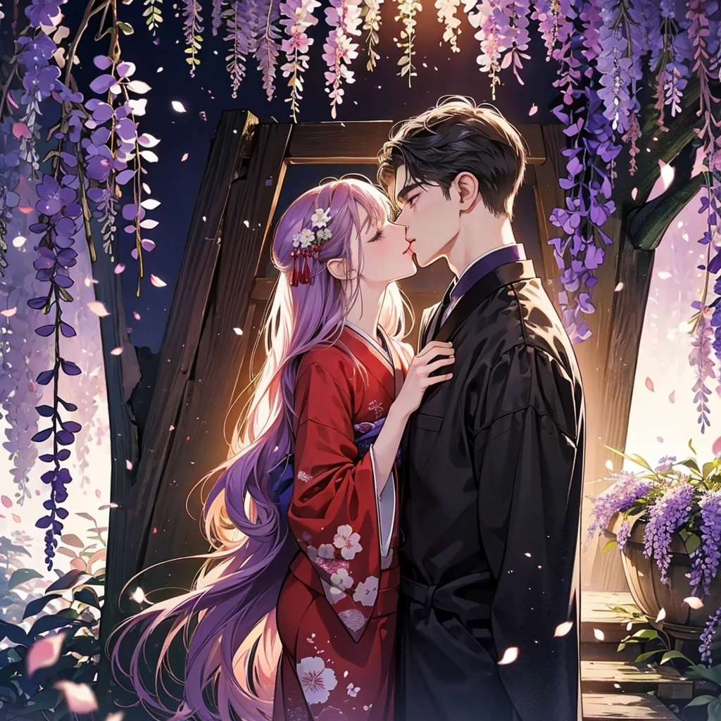 a man is kissing a woman in the wisteria forest, dark night, , (Beautifully Aesthetic:1.2),wisteria, peace, tranquility, serenity, petals, red kimono