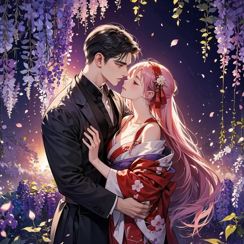 a man is kissing a woman in the wisteria forest,  dark night, , (Beautifully Aesthetic:1.2),wisteria, peace, tranquility, serenity, petals, red kimono