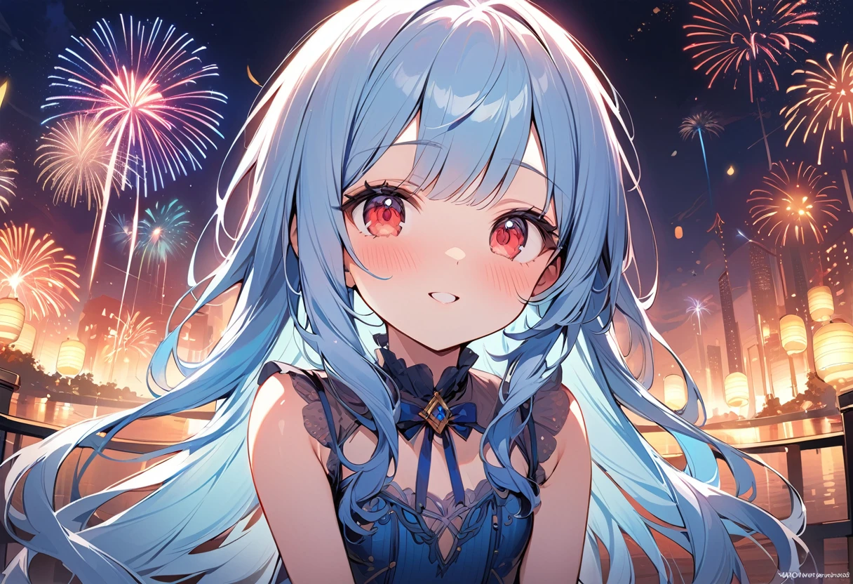  masterpiece, best quality, extremely detailed, (illustration, official art:1.1), 1 girl ,(((( light blue long hair)))), ,(((( light blue long hair)))),light blue hair , , long hair ((blush)) , cute face, big eyes, masterpiece, best quality,(((((a very delicate and beautiful girl))))),Amazing,beautiful detailed eyes,blunt bangs(((( little delicate girl)))),tareme(true beautiful:1.2), sense of depth,dynamic angle,,,, affectionate smile, (true beautiful:1.2),,(tiny 1girl model:1.2),)(flat chest) ,(perfect anatomy, masterpiece, best quality, 8k, beautiful detailed grow, daydreaming expression, in the night),  panoramic (double exposure silhouette:1.3) ((immensely detailed beautiful firework)), (solo straight  long hair femdom cute girl,  detailed red eyes, best smile, ), break, up arms and , in a sexy red detailed dress, in the Fireworks Festival Venue.