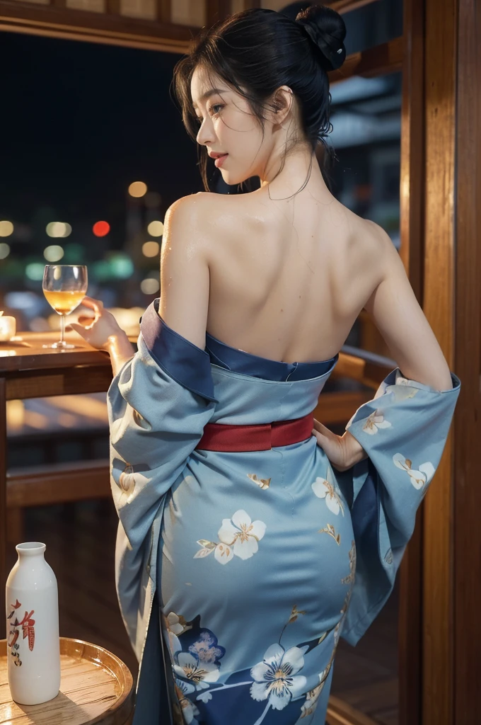 (((best quality))),(((ultra detailed))),(((masterpiece))),illustration,((1 beautiful Japannese girl,solo)),((slim,thin)),((shoulder off,strapless,bare back,towering hips,butt crack)),(in izakaya:1.3),(summer:1.2),(rainy:1.3),(indoor:1.2),(night scene:1.3),(wet:1.3),(blue floral kimono:1.3),neat bun,porcelain skin,rouge,dimly lit,warm glow,ethereal,(standing beside the table:1.3),sake bottle,half-empty glass,tray,grilled fish,steamed vegetables,half-eaten,melancholic smile,storm,solitude,enigmatic aura,tranquility,chaos,simplicity,mysterious,captivating,((from back,upper body))