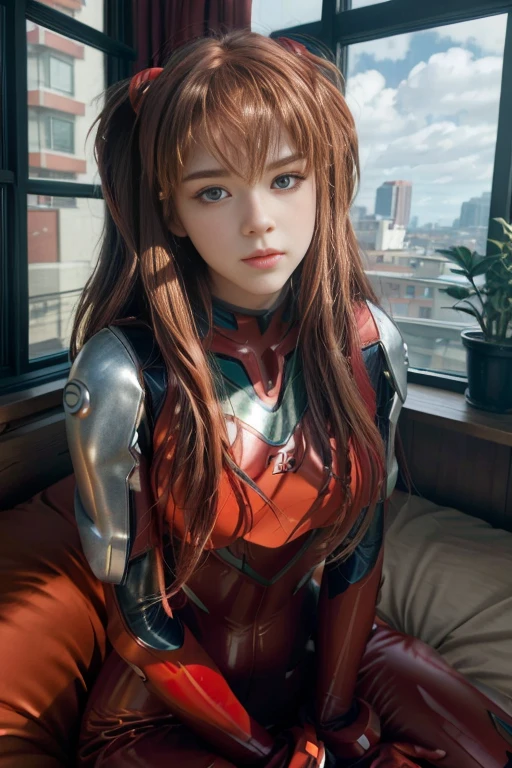 4K, 8K, (Masterpiece, best quality:1.2), blue eyes, perfect face, cosplay, professional photo, photo, photorealism, modelshoot style, portrait of shirogane, red plugsuit, feminine, bedroom, bed, sheets, window, plants, upper body, face shot