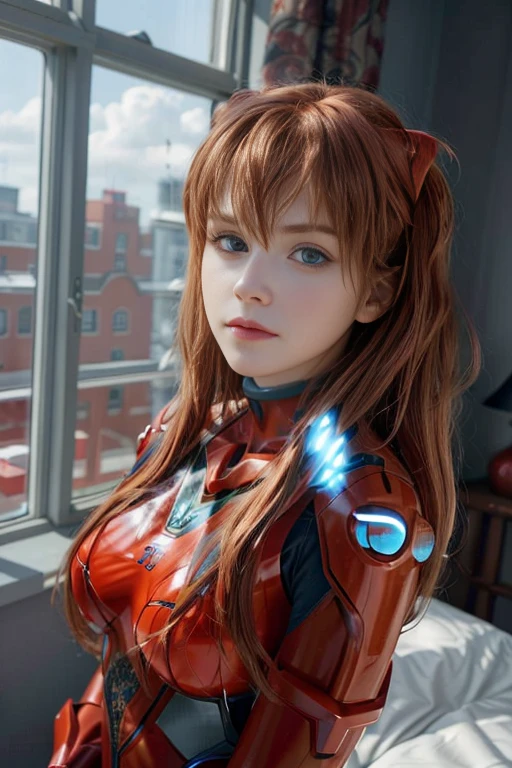 4K, 8K, (Masterpiece, best quality:1.2), blue eyes, perfect face, cosplay, professional photo, photo, photorealism, modelshoot style, portrait of shirogane, red plugsuit, feminine, bedroom, bed, sheets, window, plants, upper body, face shot