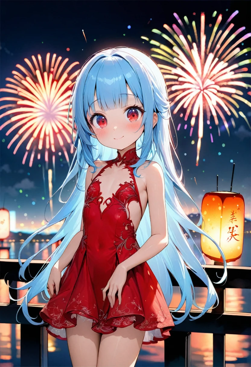  masterpiece, best quality, extremely detailed, (illustration, official art:1.1), 1 girl ,(((( light blue long hair)))), ,(((( light blue long hair)))),light blue hair , , long hair ((blush)) , cute face, big eyes, masterpiece, best quality,(((((a very delicate and beautiful girl))))),Amazing,beautiful detailed eyes,blunt bangs(((( little delicate girl)))),tareme(true beautiful:1.2), sense of depth,dynamic angle,,,, affectionate smile, (true beautiful:1.2),,(tiny 1girl model:1.2),)(flat chest) ,(perfect anatomy, masterpiece, best quality, 8k, beautiful detailed grow, daydreaming expression, in the night),  panoramic (double exposure silhouette:1.3) ((immensely detailed beautiful firework)), (solo straight  long hair femdom cute girl,  detailed red eyes, best smile, ), break, up arms and , in a sexy red detailed dress, in the Fireworks Festival Venue.full body