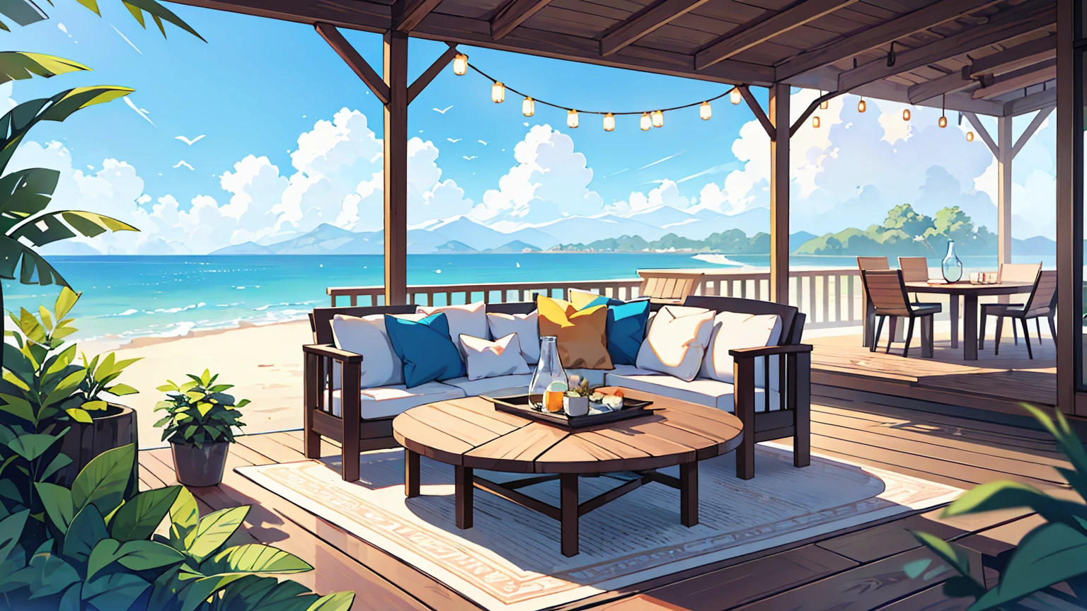 (걸작, 최고의 품질),Create an image of a serene beachfront outdoor living space, featuring modern white sofas with blue cushions arranged on a wooden deck. The setting includes a low, round wicker table with a glass top and decorative items. The deck overlooks a tranquil turquoise sea under a clear blue sky, with gentle waves lapping at the shore. Birds can be seen flying in the distance, adding to the peaceful ambiance of this luxurious relaxation spot.