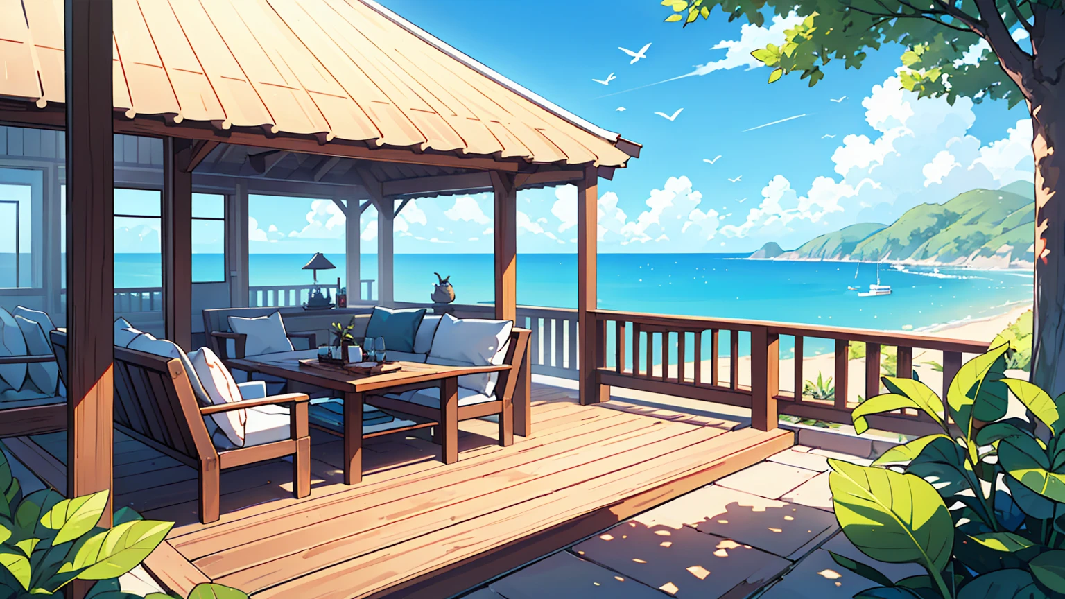 (걸작, 최고의 품질),Create an image of a serene beachfront outdoor living space, featuring modern white sofas with blue cushions arranged on a wooden deck. The setting includes a low, round wicker table with a glass top and decorative items. The deck overlooks a tranquil turquoise sea under a clear blue sky, with gentle waves lapping at the shore. Birds can be seen flying in the distance, adding to the peaceful ambiance of this luxurious relaxation spot.
