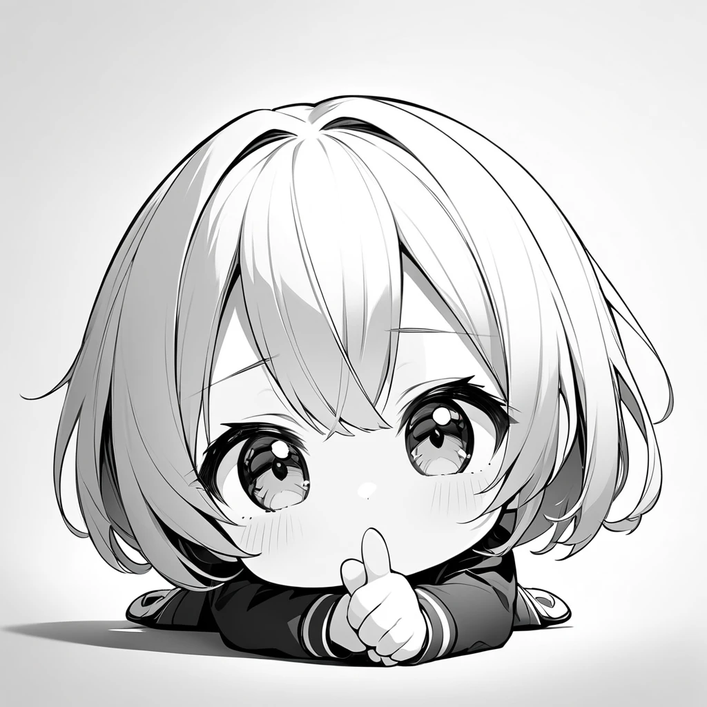 ultra-small deformation, Chibi Cute, insect's eye view, 1girl, solo, kneeling and puts her face and index finger close to viewer, looking down, monochrome, simple background, Low Angle Shot