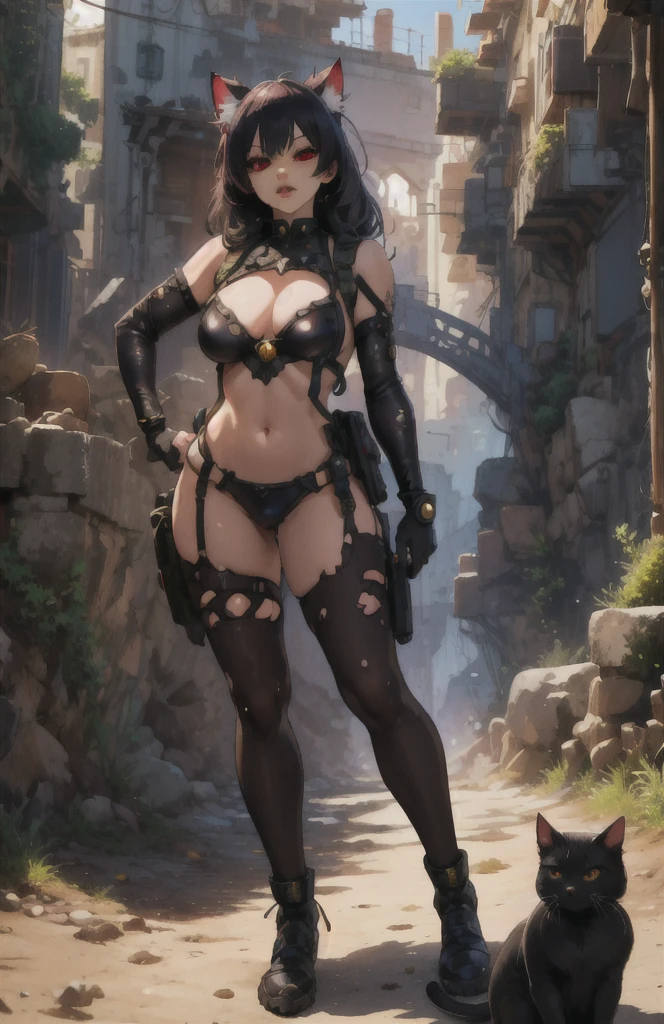 masterpiece, (1girl), extremely detailed female character, full body shot, best quality, dnd, dungeons and dragons, (curvy, athletic, pointy ears), (edgQuality, edgcatlingeriewearing edgcatlingerie,cat cutout,cleavage cutout), (magazine title, text), (magazine:1.3), medieval era, fantasy clothes, anime style, (medieval mecha sci-fi suit, autumn forest background, destroyed town, action pose:1.5), (nsfw)