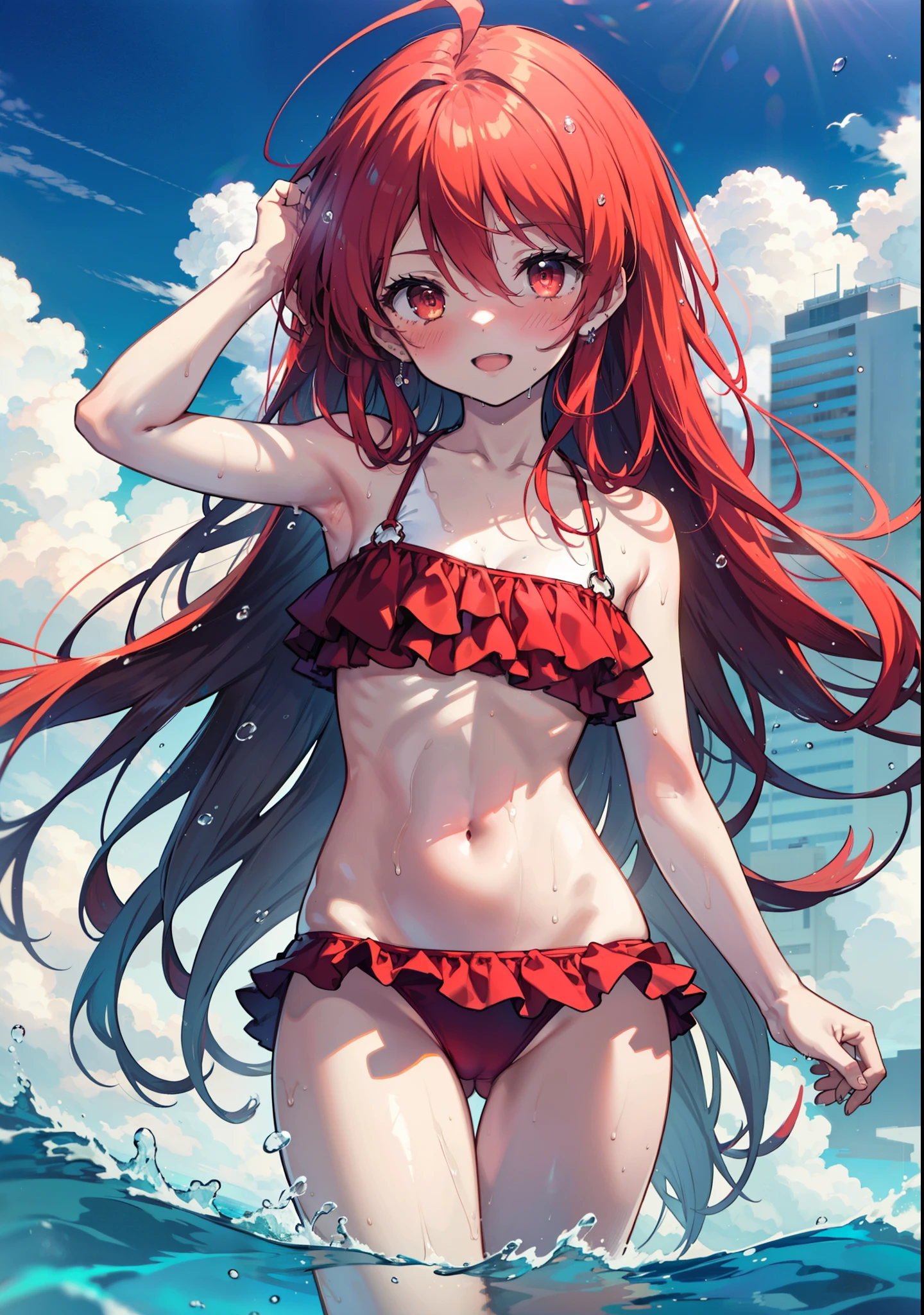 Shana,灼眼のShana,Long Hair, Red Hair, Red eyes, Ahoge,smile,blush,Small breasts,Open your mouth,Red bikini swimsuit with ruffles,barefoot,Wet Hair,Wet swimsuit,Wet Skin,Water Play,Daytime,Clear skies,True Summer, break outdoors, Ocean,Beach, break looking at viewer, whole body, (Cowboy Shot:1. 5) break (masterpiece:1.2), Highest quality, High resolution, unity 8k wallpaper, (shape:0.8), (Beautiful attention to detail:1.6), Highly detailed face, Perfect lighting, Highly detailed CG, (Perfect hands, Perfect Anatomy),
