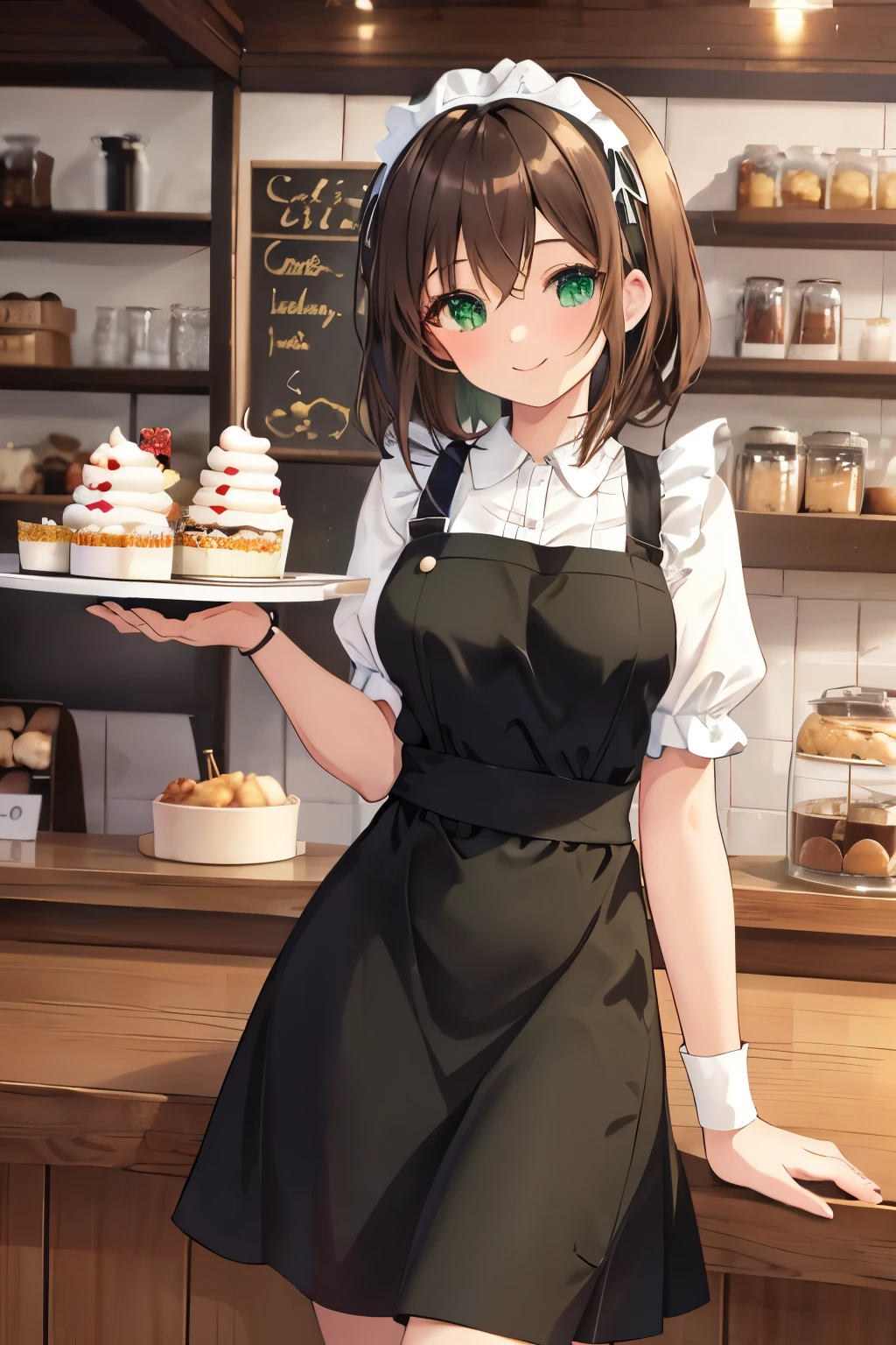(masterpiece, highest quality, high resolution, super high resolution, pixel perfect, written boundary depth, 4K, RTTX 10.0, high resolution)), 1 girl, single, alone, beautiful anime girls, Beautiful art style, Anime characters, (shortcuts, bangs, dark brown hair)), ((Green Eyes: 1.4, Round eyes, Beautiful shadows, current eyes)), (Smooth texture: 0.75, Anime CG style)), Medium chest, (dynamic angle, close)), perfect body, (pretty girl), 1 girl, solo, baseball stadium setting with a lively atmosphere., In a cozy, stylish café with a warm and inviting atmosphere, a young girl dressed in a classic maid outfit is bustling around busily. She wears a traditional black dress with a white apron and a matching headband. The café interior features rustic wooden tables, comfortable seating, and a counter displaying delicious pastries and beverages. The girl is carrying a tray with coffee and desserts, smiling warmly as she serves customers. The café is filled with a pleasant mix of people enjoying their drinks, adding to the lively and charming ambiance.