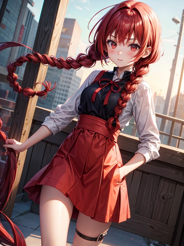 anime girl with short red half-light red hair tied in braid