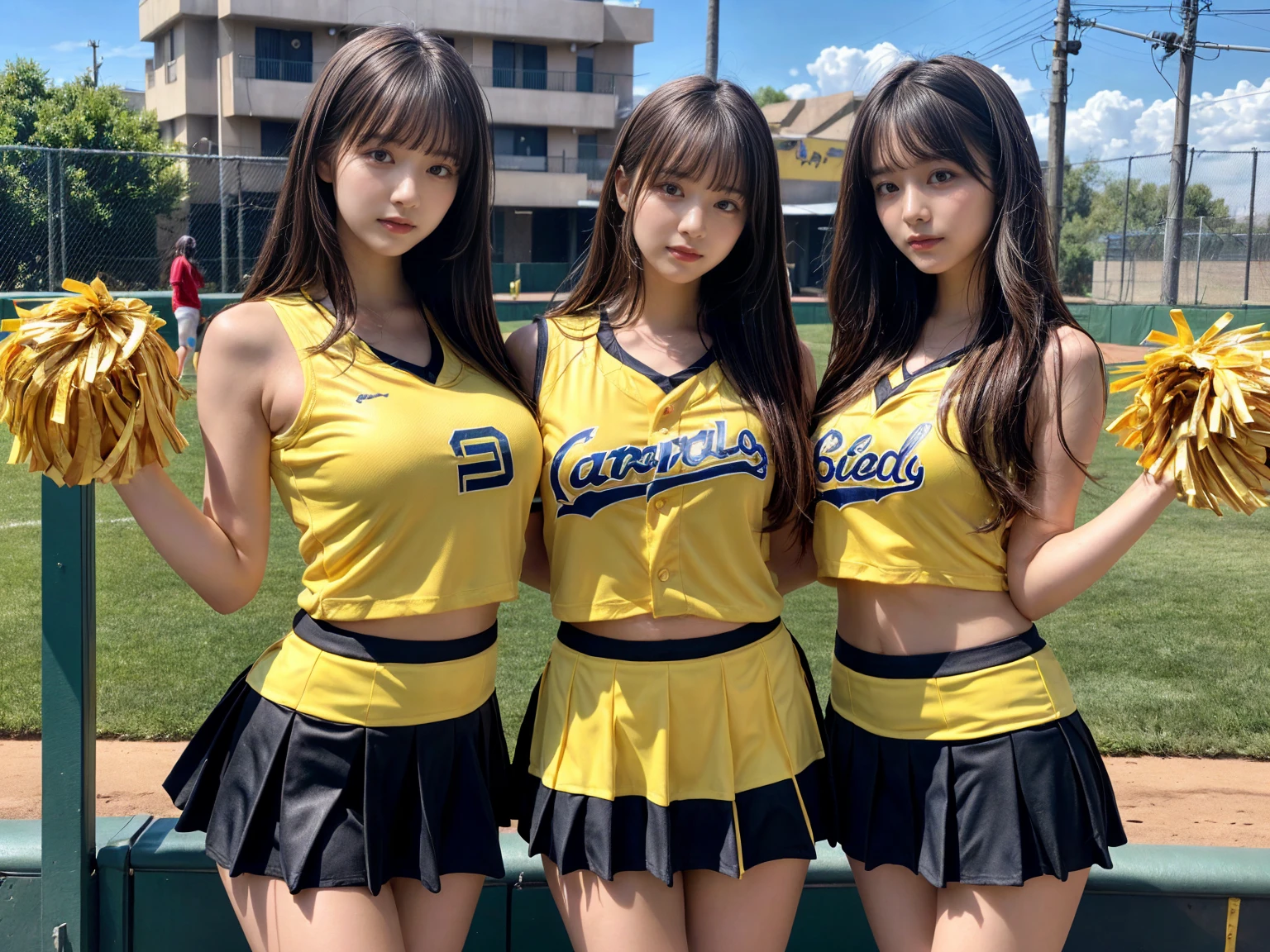 masterpiece, best quality, illustration, Super detailed, fine details, High resolution, 8K,wall paper, perfect dynamic composition,(Details High quality, realistic depiction of eyes:1.3), (3 girls), BREAK (cheerleader uniform with yellow as basic color:1.3), (holding a yellow pompoms in hand:1.4), (sleeveless yellow tunic with baseball team logo:1.4), yellow tops, (bold V-neck:1.3), ((Blue lines, black lines) on tops:1.3), ((fit and flare, A-line):1.3), (A-line yellow rah-rah skirt:1.3), mini skirt, (black socks:1.3), (sports shoes:1.2), sitting, open legs, short bob hair, in a hotel room in the background, deep on field, large breasts, black hair color, Big Natural Color Lip, (perfect body shape), crying a little、Harajuku style、20 year old girl、cute type、beautiful legs, Gravure Idol