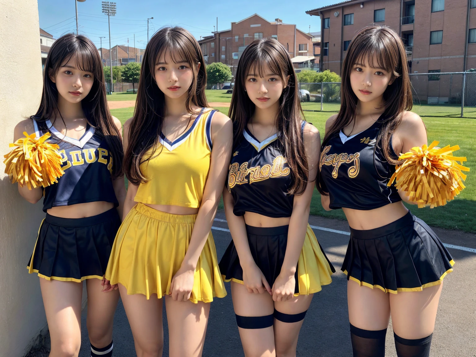 masterpiece, best quality, illustration, Super detailed, fine details, High resolution, 8K,wall paper, perfect dynamic composition,(Details High quality, realistic depiction of eyes:1.3), (3 girls), BREAK (cheerleader uniform with yellow as basic color:1.3), (holding a yellow pompoms in hand:1.4), (sleeveless yellow tunic with baseball team logo:1.4), yellow tops, (bold V-neck:1.3), ((Blue lines, black lines) on tops:1.3), ((fit and flare, A-line):1.3), (A-line yellow rah-rah skirt:1.3), mini skirt, (black socks:1.3), (sports shoes:1.2), sitting, open legs, short bob hair, in a hotel room in the background, deep on field, large breasts, black hair color, Big Natural Color Lip, (perfect body shape), crying a little、Harajuku style、20 year old girl、cute type、beautiful legs, Gravure Idol