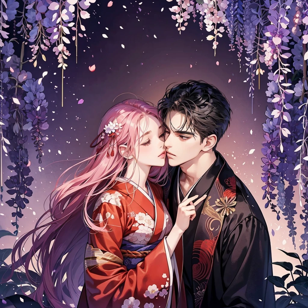 a man is kissing a woman in the wisteria forest,  dark night, , (Beautifully Aesthetic:1.2),wisteria, peace, tranquility, serenity, petals, red kimono